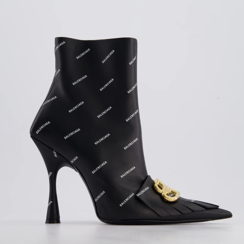Balenciaga Fringe Knife BB Logo Black Leather Bootie Size 37